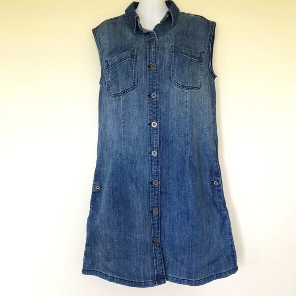 Lola Jeans Sleeveless Denim Knee Length Shift Dress with Pockets - Picture 1 of 6